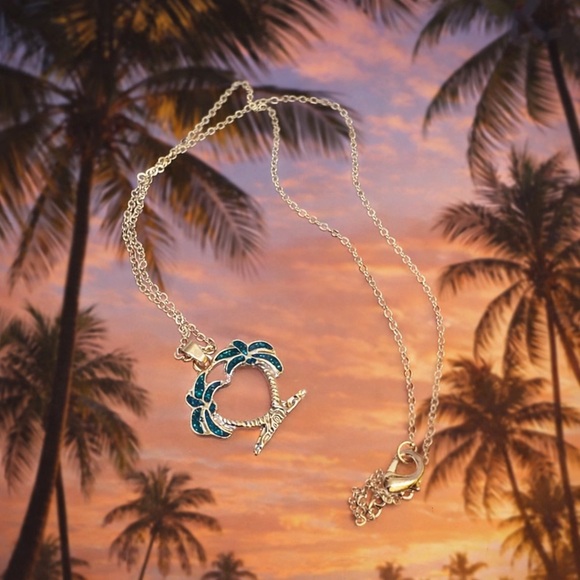 Jewelry - Silver and Blue Glitter Palm Tree Pendant Necklace